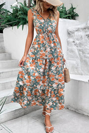 Floral Print Trimmed V Neck Tie Waist Sleeveless Dress.