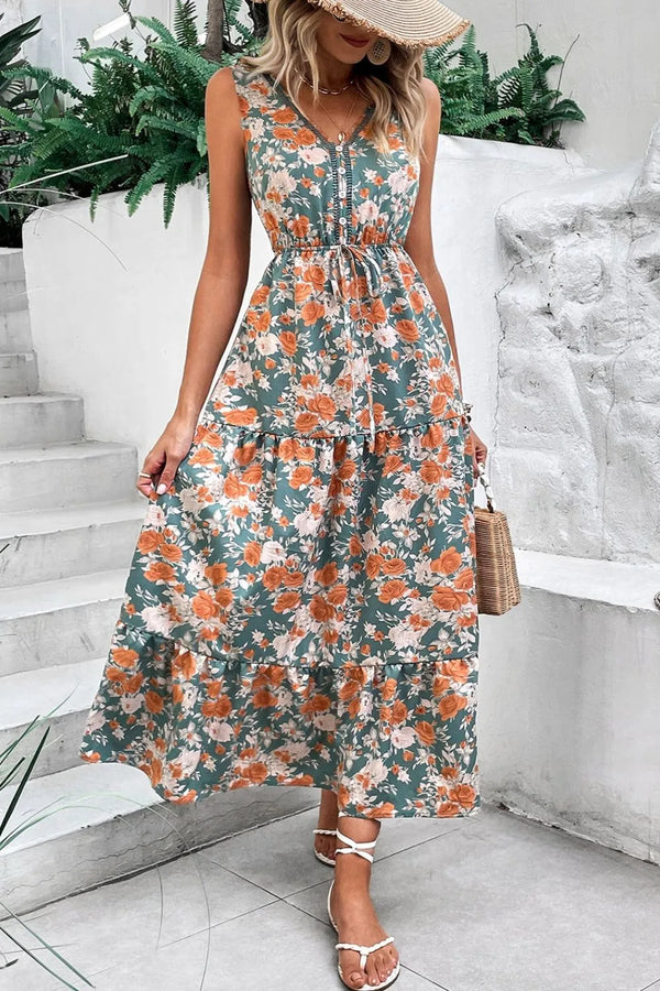 Floral Print Trimmed V Neck Tie Waist Sleeveless Dress.