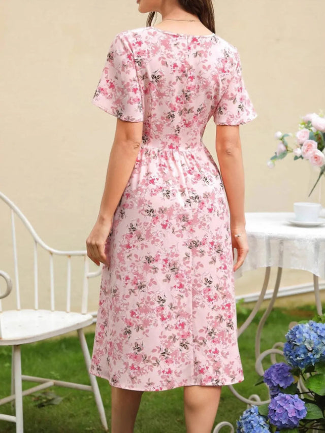 Floral Print V-Neck Belted Midi Dress.