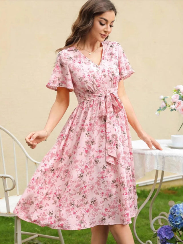Floral Print V-Neck Belted Midi Dress.