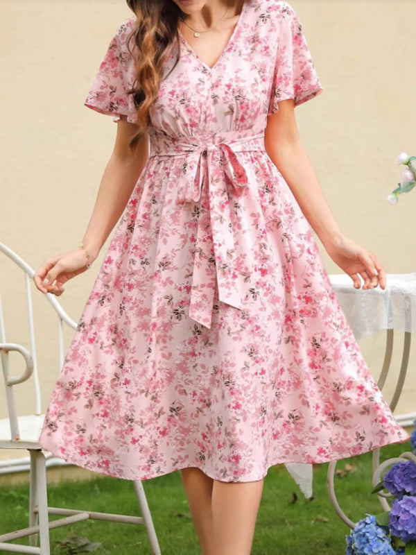 Floral Print V-Neck Belted Midi Dress.