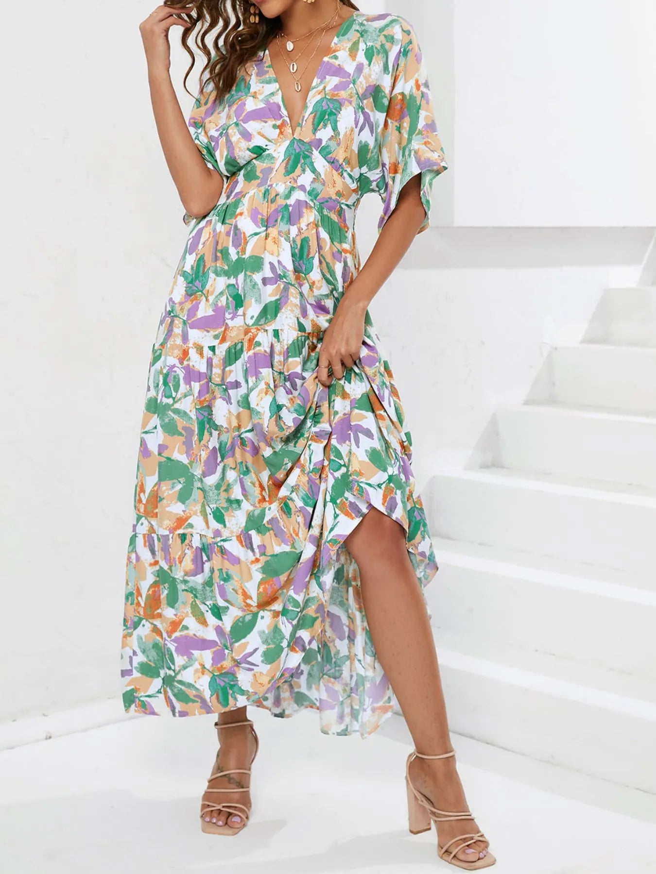 Floral Print V-neck Boho Midi Dress.