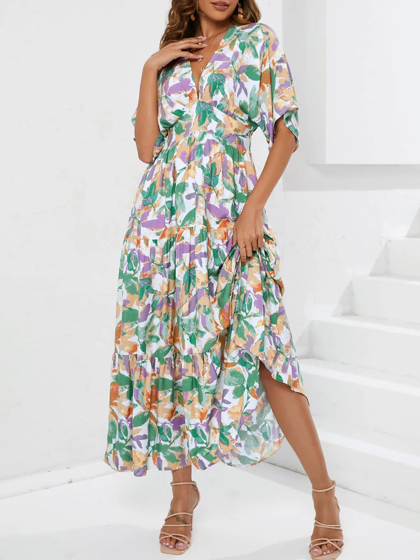 Floral Print V-neck Boho Midi Dress.