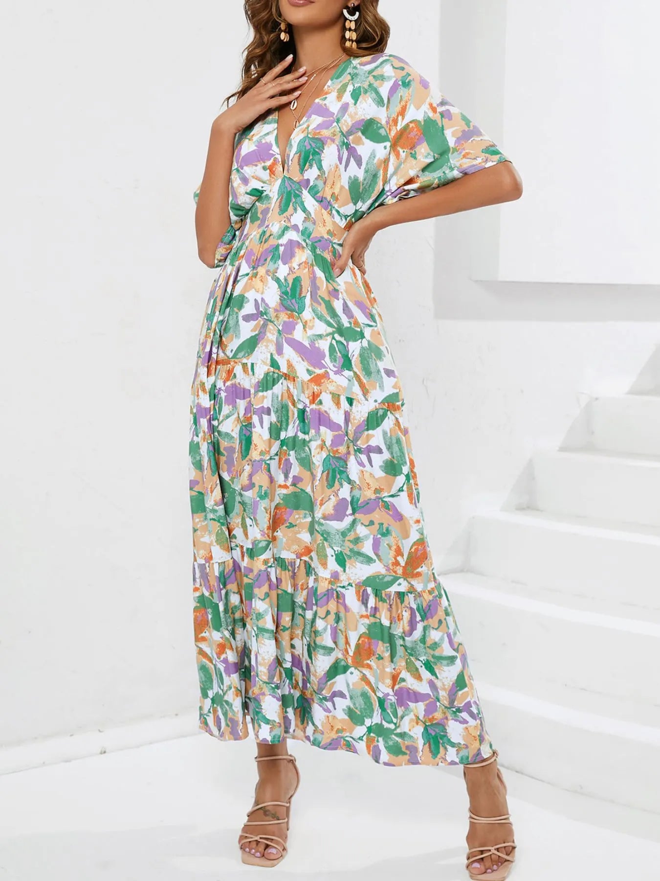 Floral Print V-neck Boho Midi Dress.