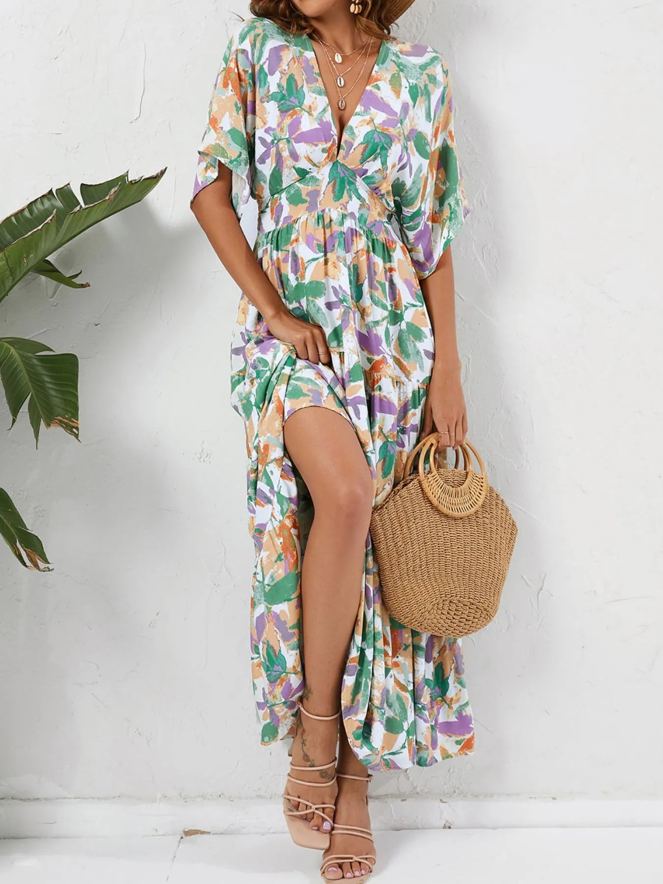 Floral Print V-neck Boho Midi Dress.