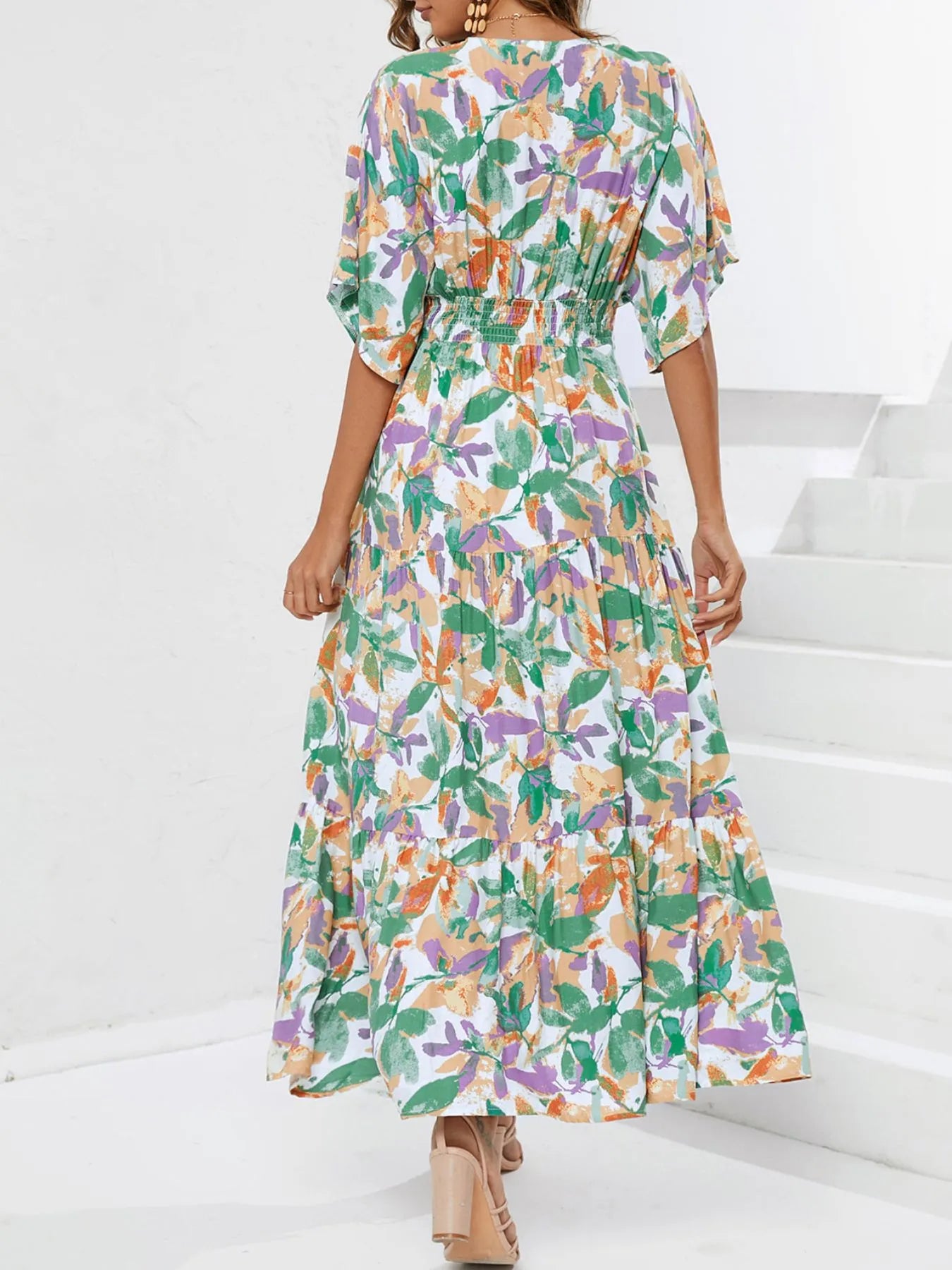Floral Print V-neck Boho Midi Dress.