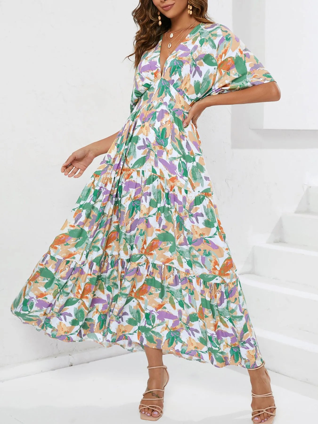 Floral Print V-neck Boho Midi Dress.