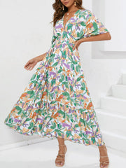 Floral Print V-neck Boho Midi Dress.