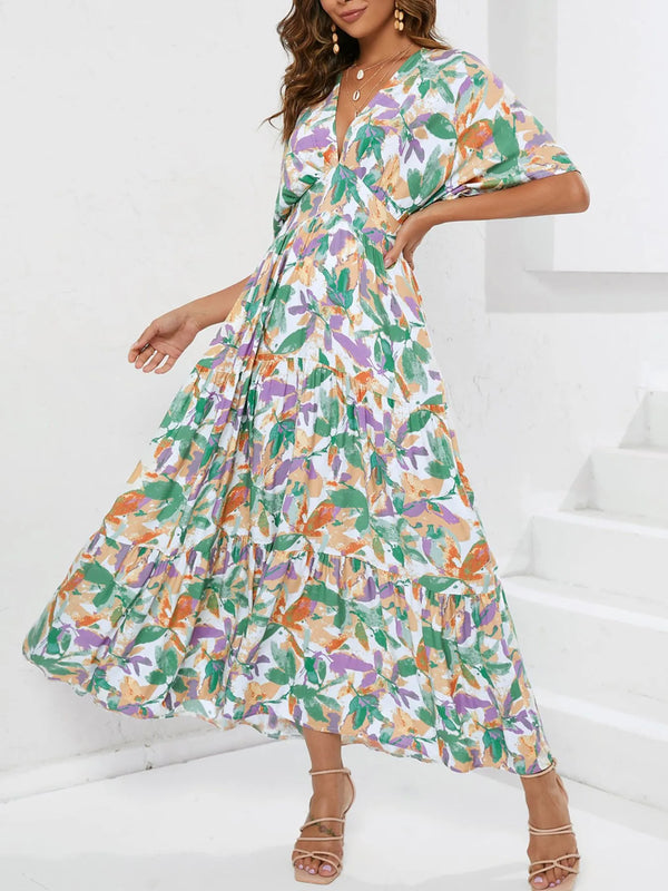 Floral Print V-neck Boho Midi Dress.