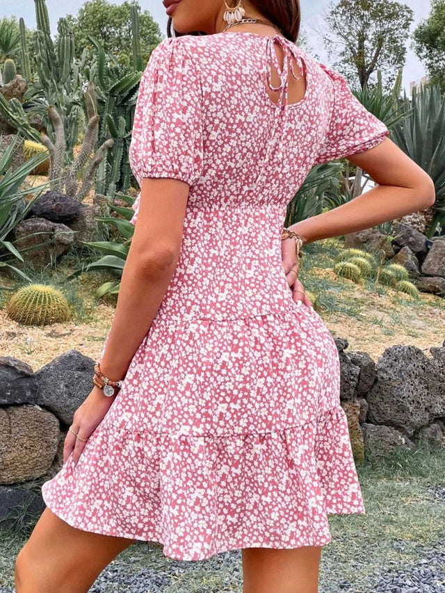 Floral Print Wrap Mini Dress with Puff Sleeves.