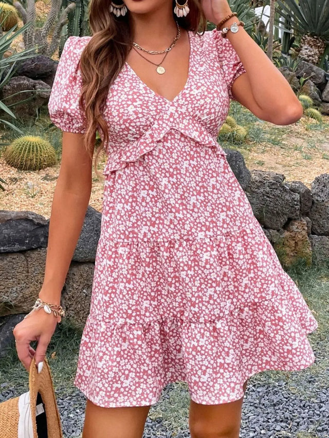 Floral Print Wrap Mini Dress with Puff Sleeves.