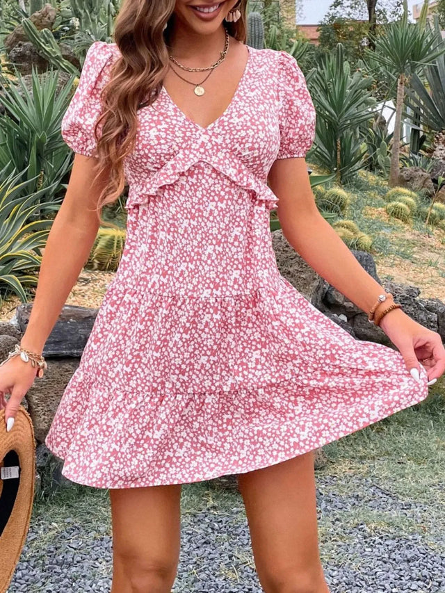 Floral Print Wrap Mini Dress with Puff Sleeves.