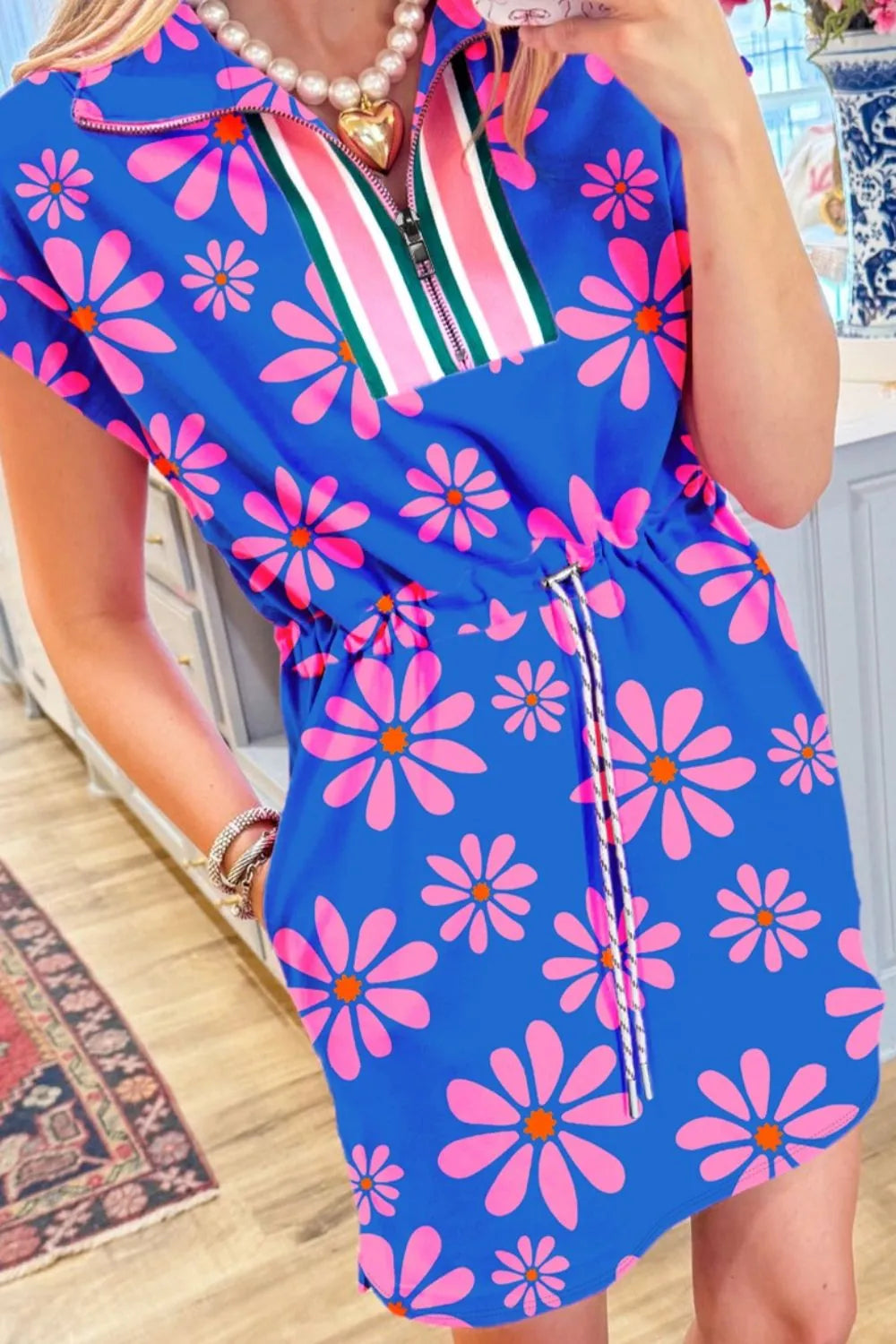 Floral Print Zip Collar Drawstring Summer Mini Dress.
