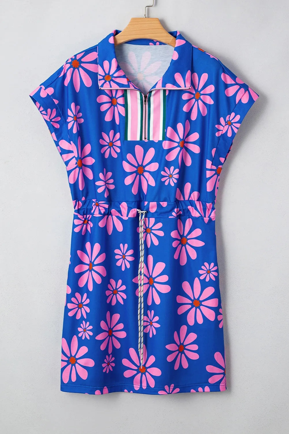 Floral Print Zip Collar Drawstring Summer Mini Dress.