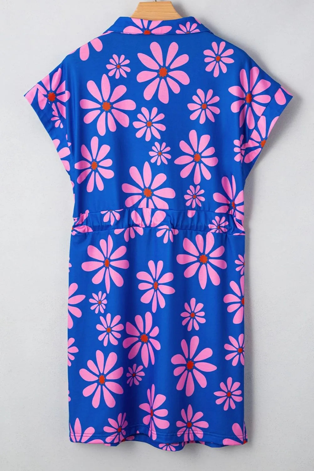 Floral Print Zip Collar Drawstring Summer Mini Dress.