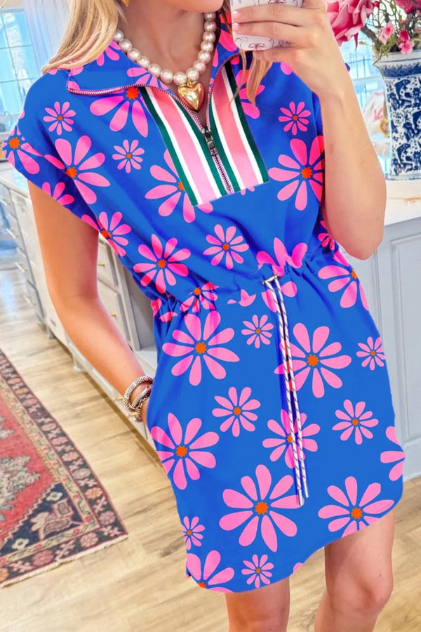 Floral Print Zip Collar Drawstring Summer Mini Dress.
