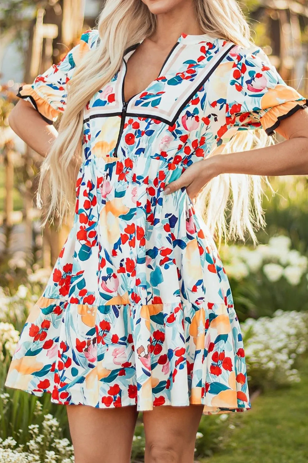 Floral Print Zipper Ruffled Short Sleeve High Waist Mini Dress.