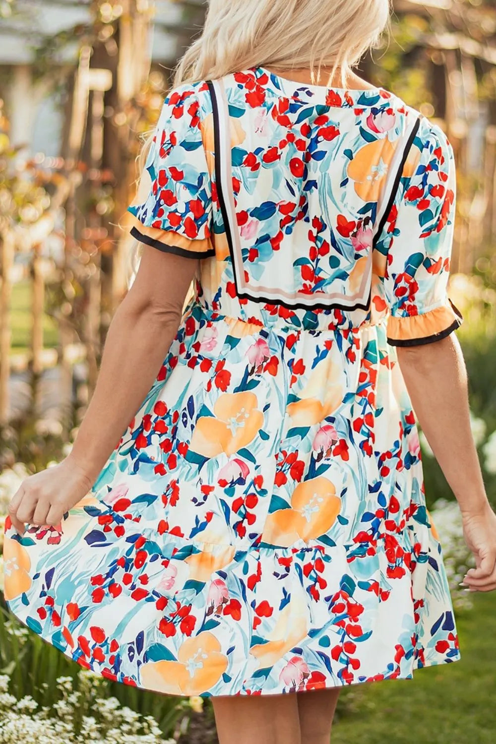 Floral Print Zipper Ruffled Short Sleeve High Waist Mini Dress.