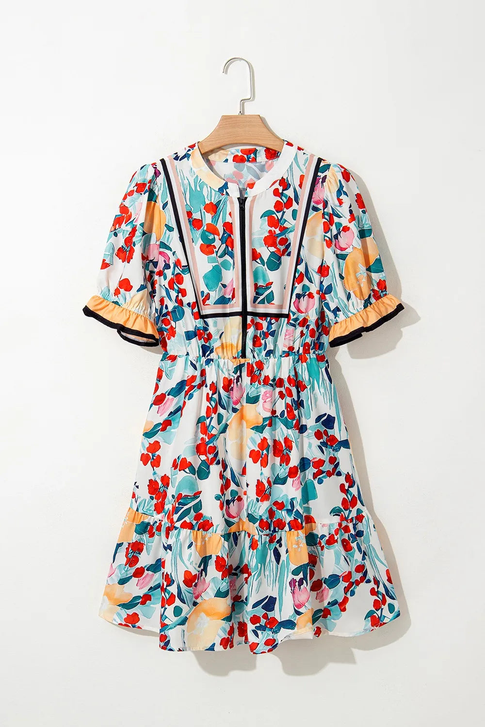 Floral Print Zipper Ruffled Short Sleeve High Waist Mini Dress.