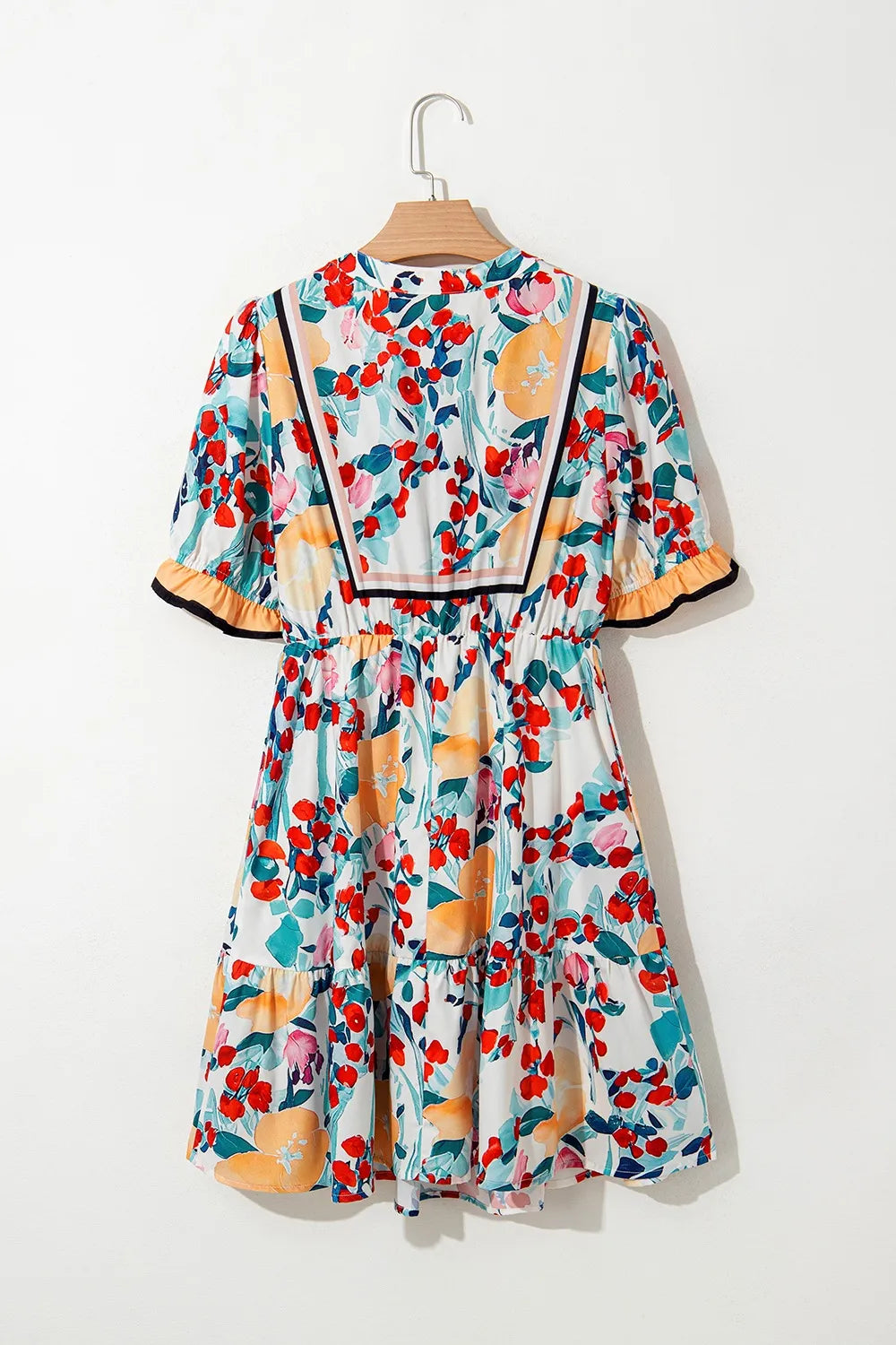Floral Print Zipper Ruffled Short Sleeve High Waist Mini Dress.