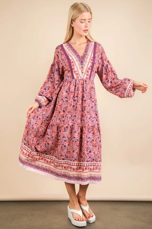 Very J Floral Printed Boho V-Neck Balloon Sleeve Dress.