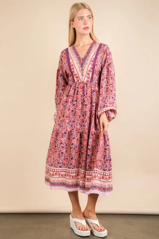 Very J Floral Printed Boho V-Neck Balloon Sleeve Dress.