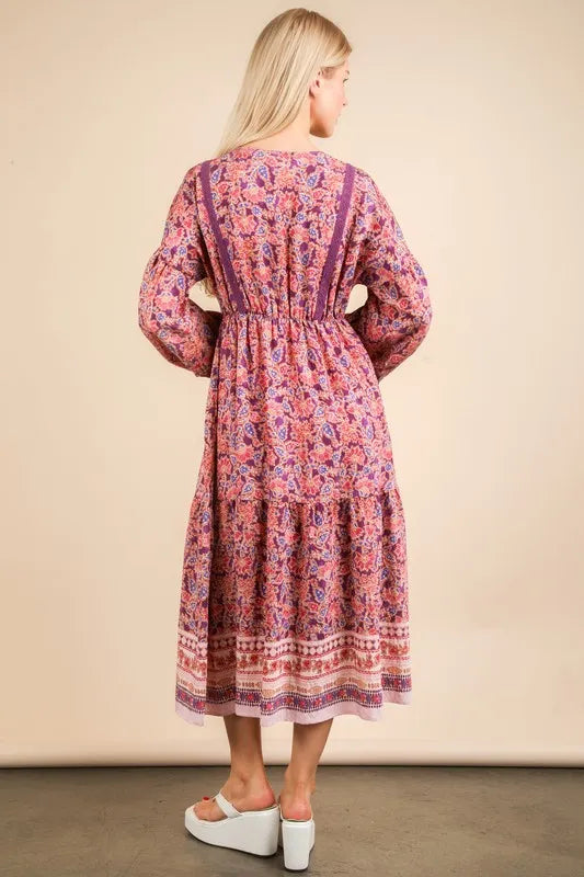 Very J Floral Printed Boho V-Neck Balloon Sleeve Dress.