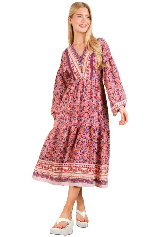 Very J Floral Printed Boho V-Neck Balloon Sleeve Dress.
