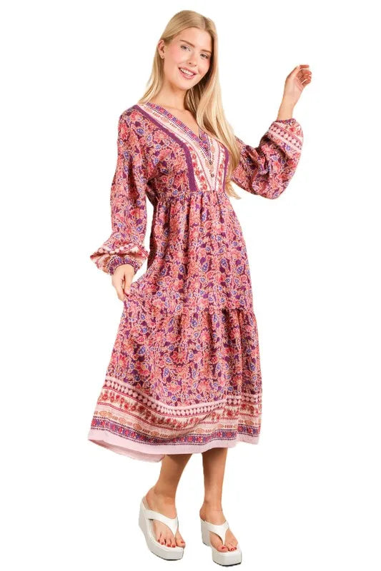 Very J Floral Printed Boho V-Neck Balloon Sleeve Dress.