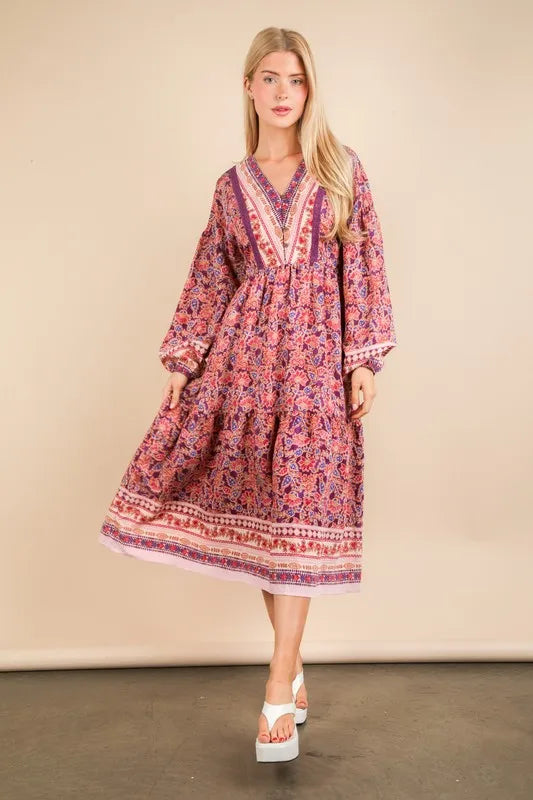 Very J Floral Printed Boho V-Neck Balloon Sleeve Dress.