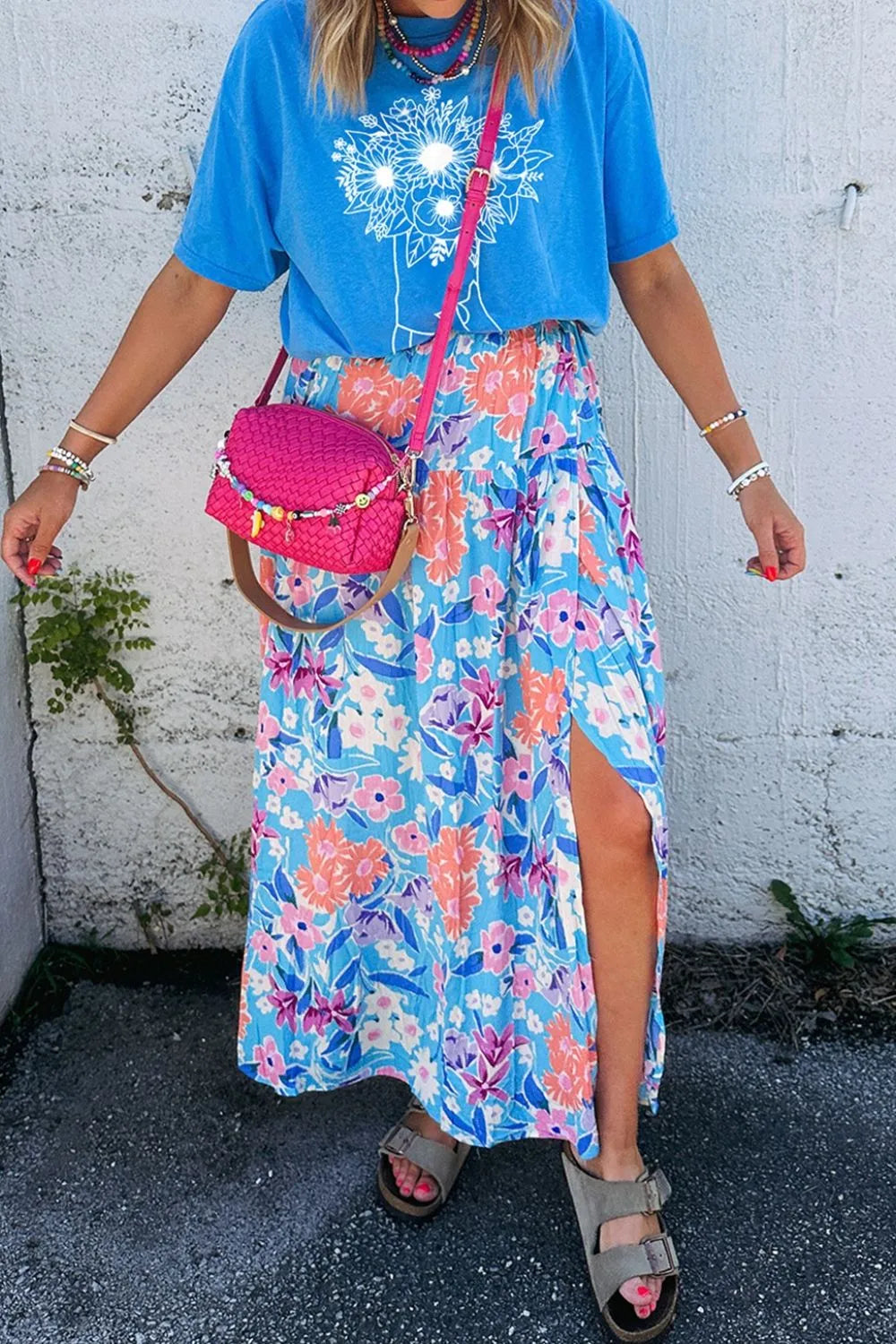 Floral Printed High Waist Split Skirt.