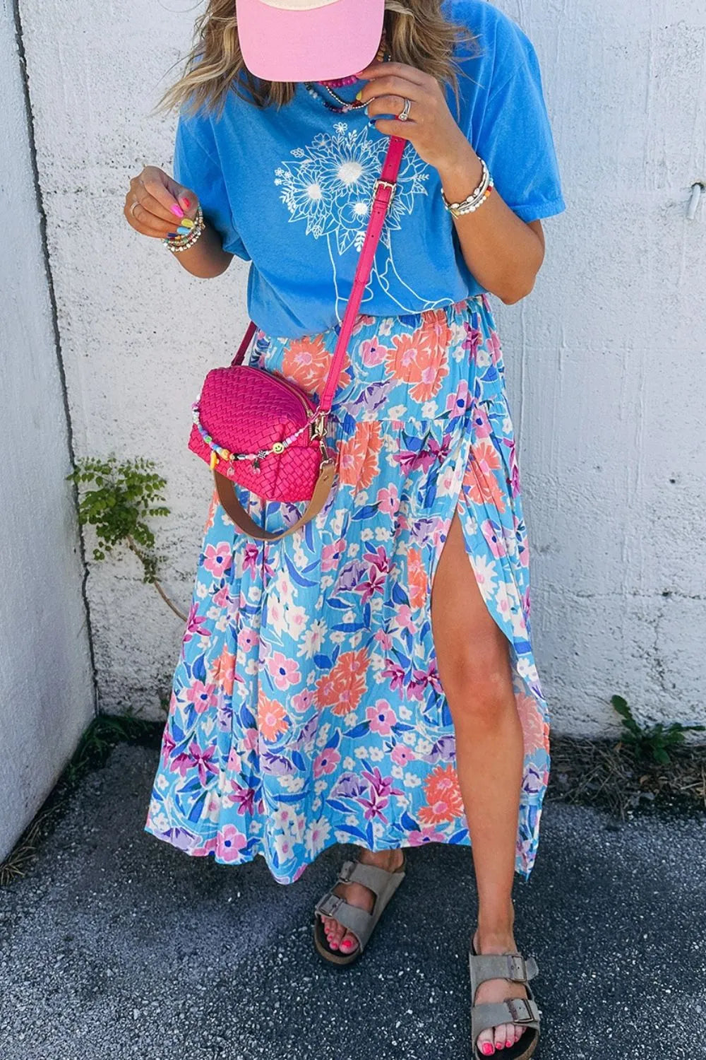 Floral Printed High Waist Split Skirt.