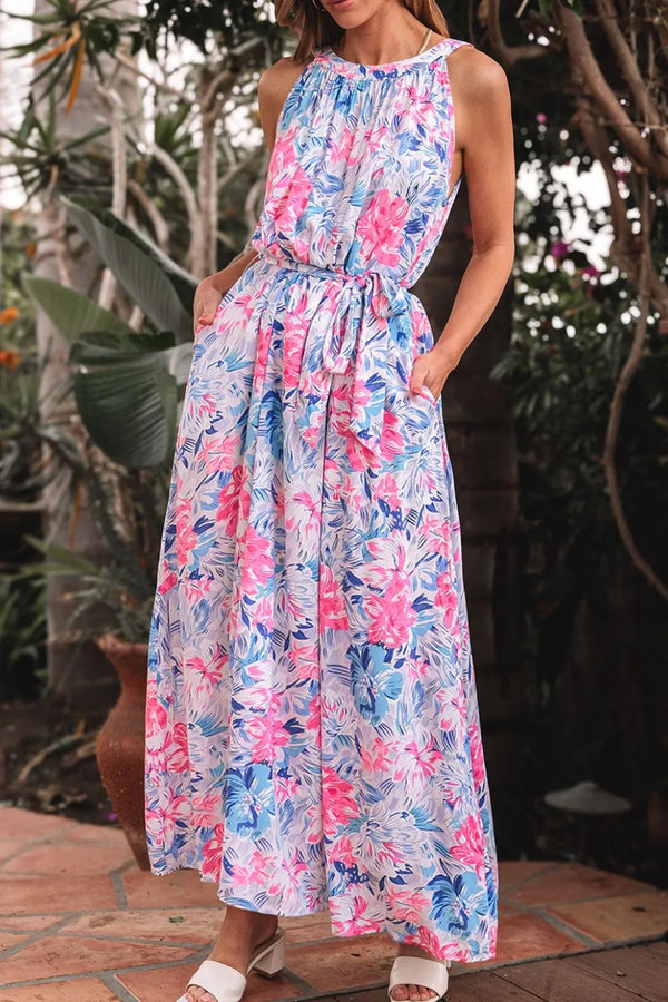 Floral Printed Sleeveless O Neck Knot Waist Dress.
