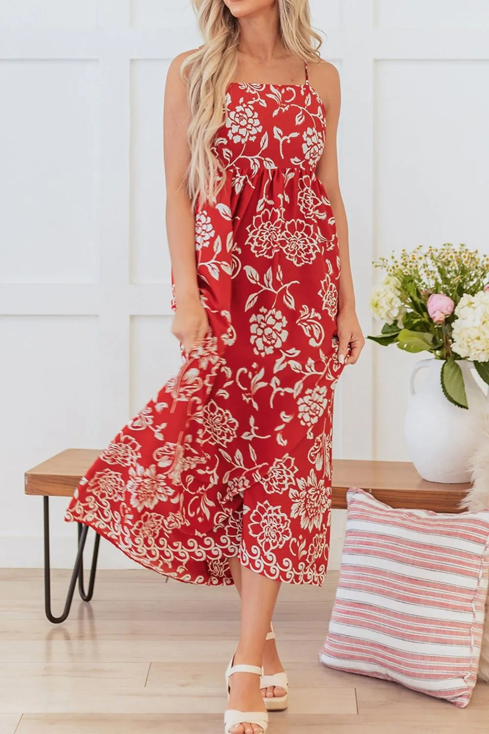 Floral Printed Spaghetti Strap Empire Waist Maxi Dress.