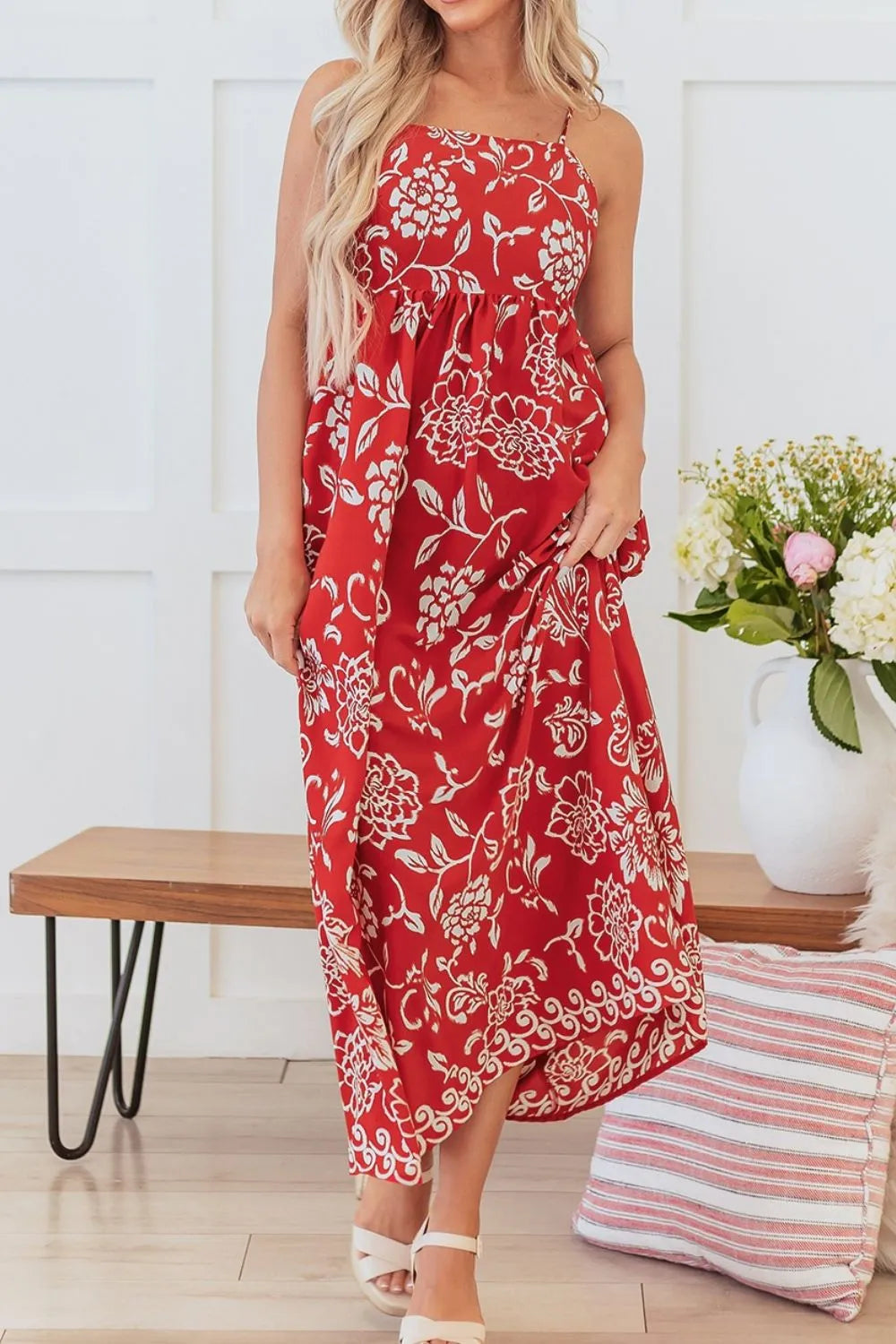 Floral Printed Spaghetti Strap Empire Waist Maxi Dress.