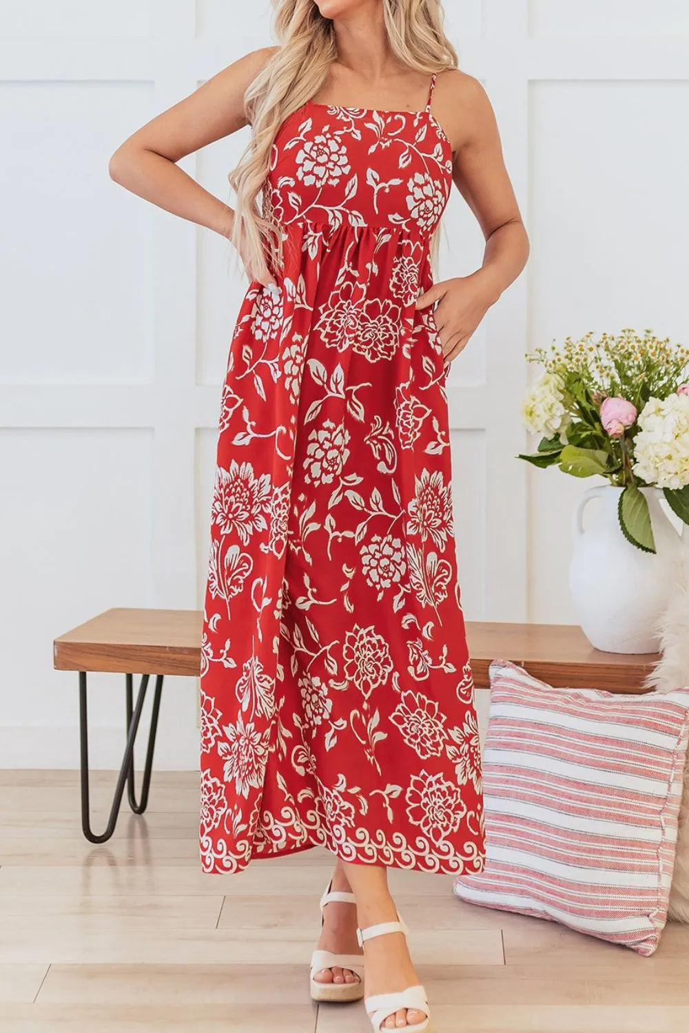 Floral Printed Spaghetti Strap Empire Waist Maxi Dress.