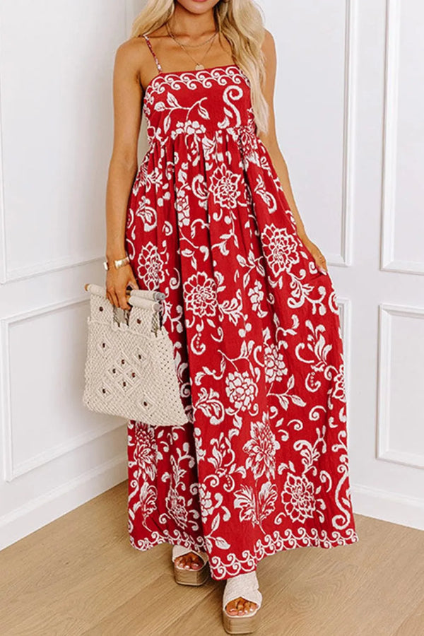 Floral Printed Spaghetti Strap Empire Waist Maxi Dress.