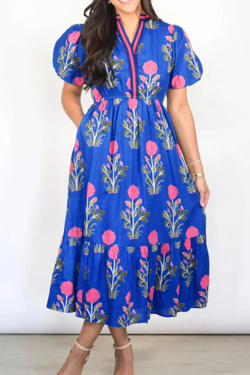 Floral Puff Short Sleeve Notched High Waist Dress.