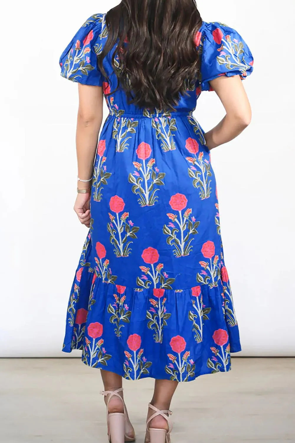 Floral Puff Short Sleeve Notched High Waist Dress.