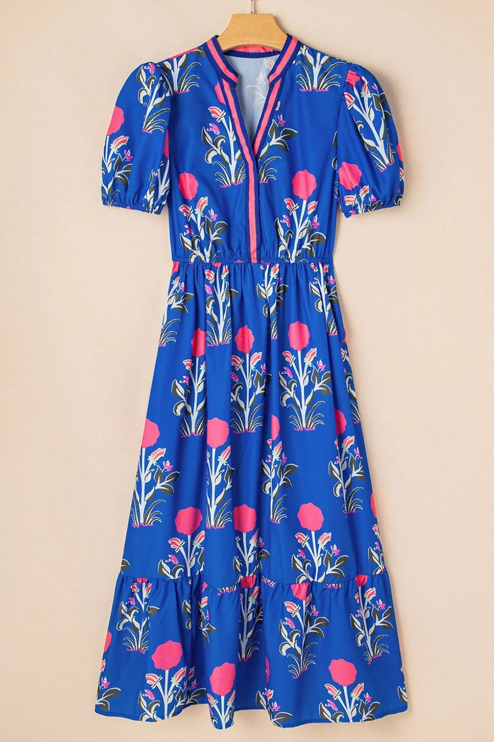 Floral Puff Short Sleeve Notched High Waist Dress.
