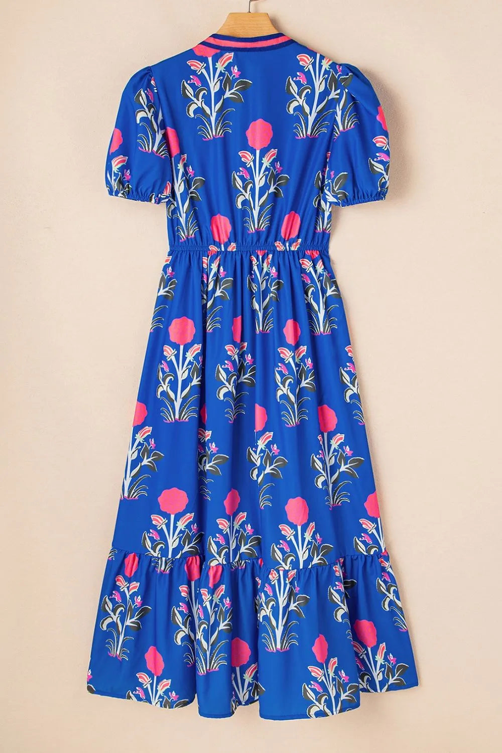 Floral Puff Short Sleeve Notched High Waist Dress.