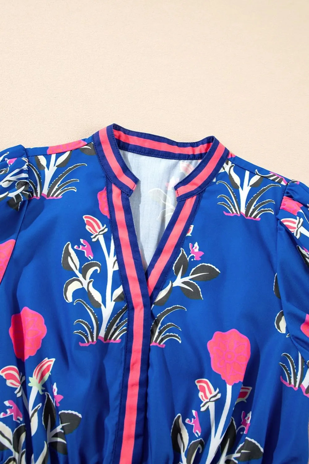 Floral Puff Short Sleeve Notched High Waist Dress.
