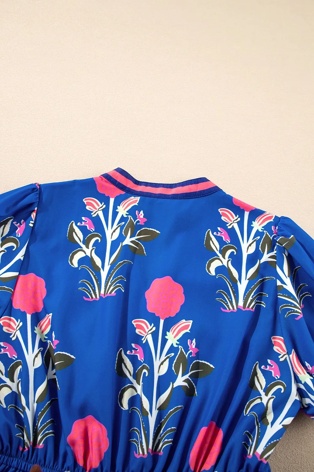 Floral Puff Short Sleeve Notched High Waist Dress.