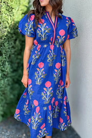 Floral Puff Short Sleeve Notched High Waist Dress.