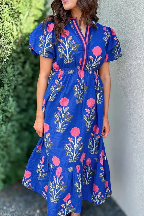 Floral Puff Short Sleeve Notched High Waist Dress.