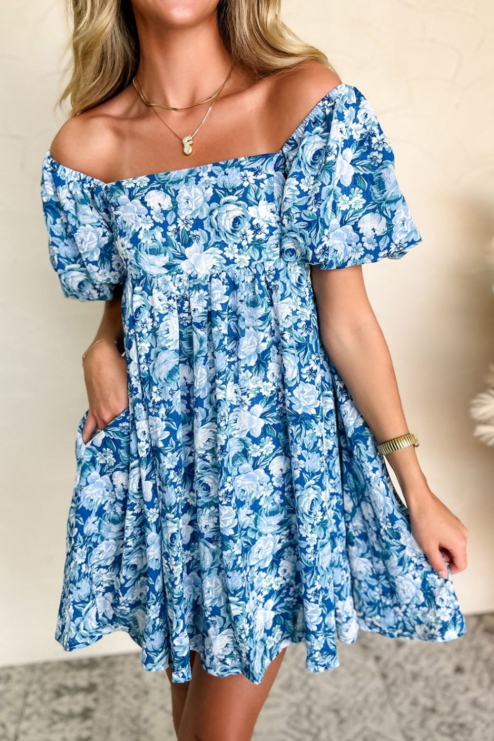Floral Puff Sleeve Babydoll Mini Dress.
