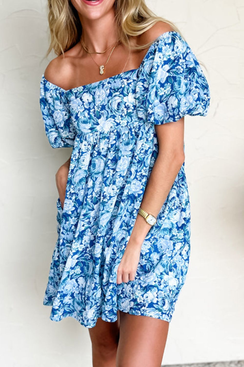 Floral Puff Sleeve Babydoll Mini Dress.