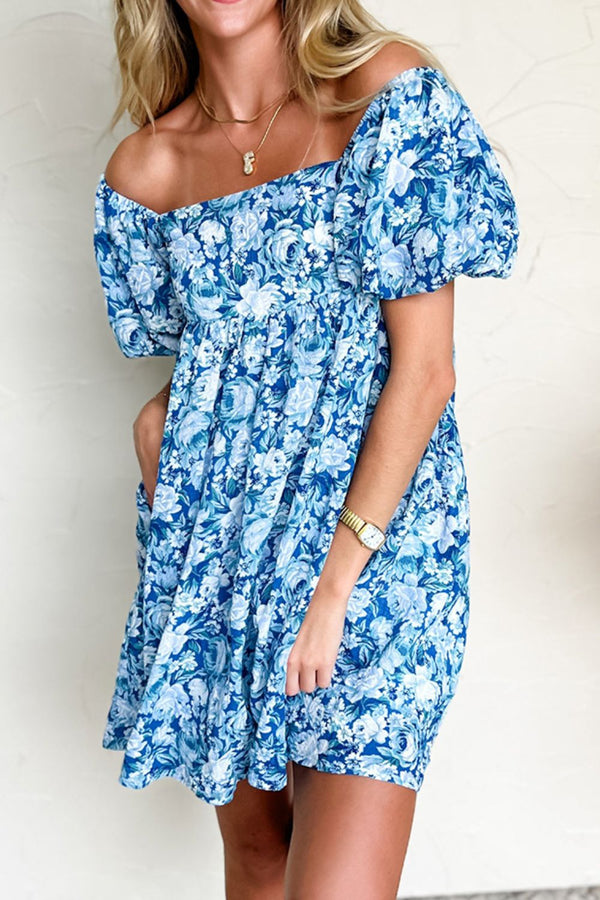 Floral Puff Sleeve Babydoll Mini Dress.