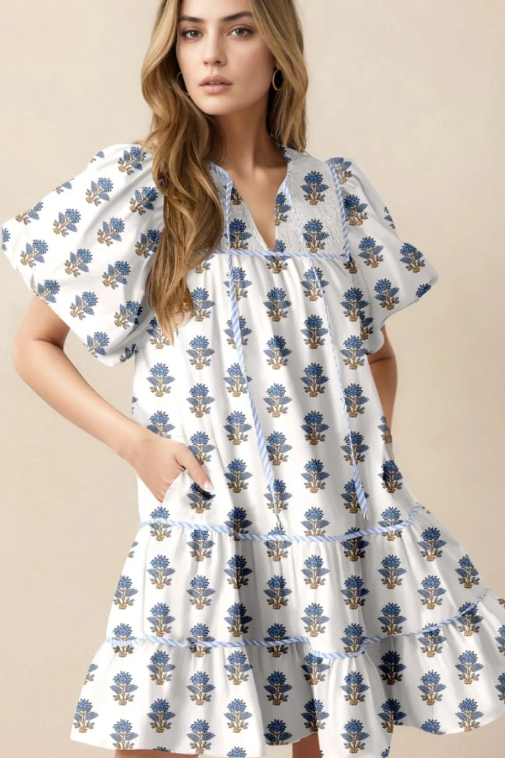 Floral Puff Sleeve Mini Dress with Pockets.