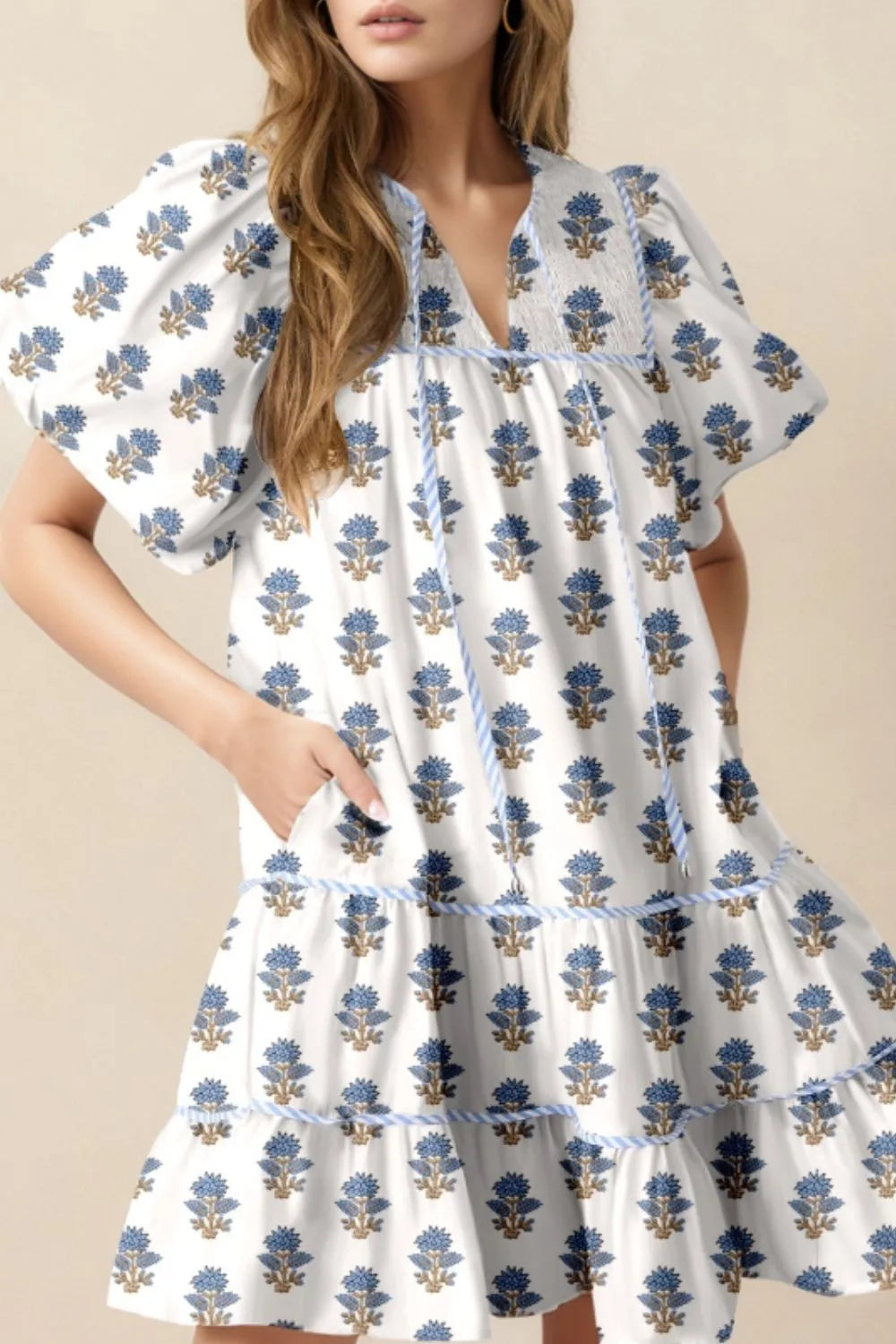 Floral Puff Sleeve Mini Dress with Pockets.